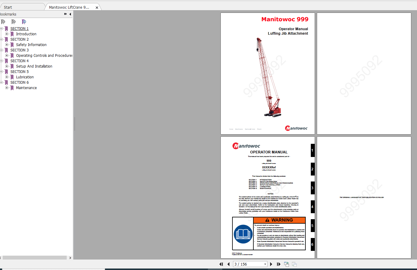 Manitowoc LiftCrane 999 9995092 CTR043 09 Operators Manual