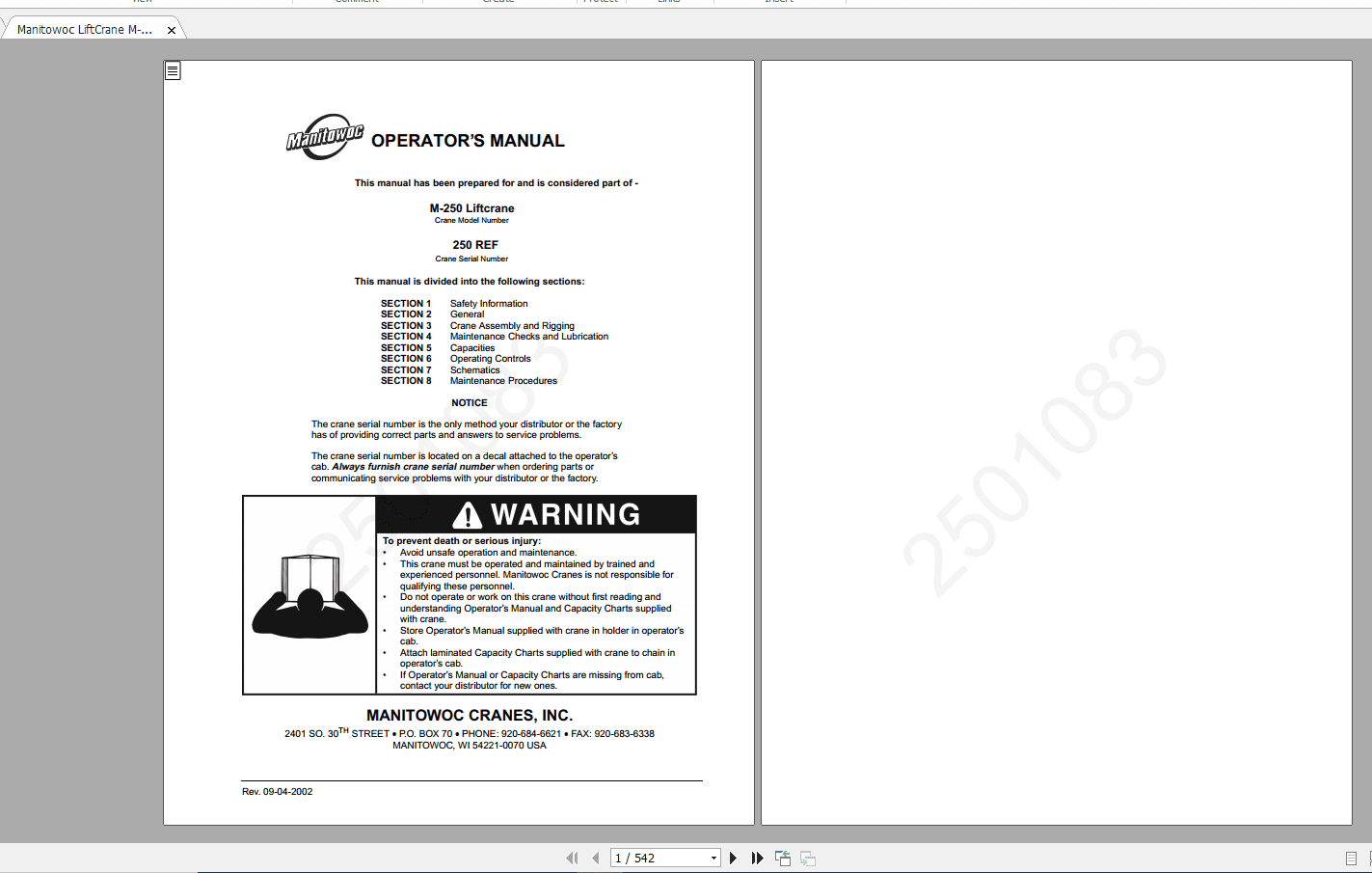 Manitowoc LiftCrane M 250 2501083 Operators Manual