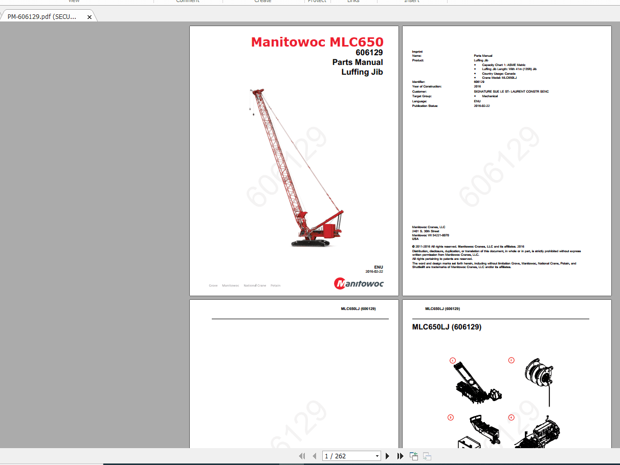 Manitowoc LiftCrane MLC 650 Luffing Jib 606129 Parts Manual