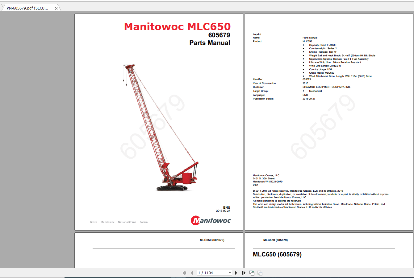 Manitowoc LiftCrane MLC 650 PM 605679 Parts Manual