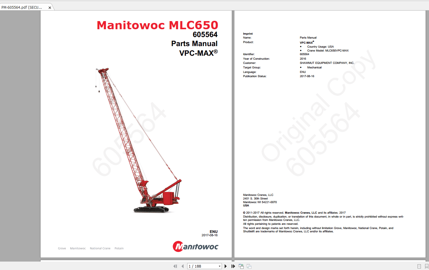 Manitowoc LiftCrane MLC 650 VPC MAX 605564 Parts Manual