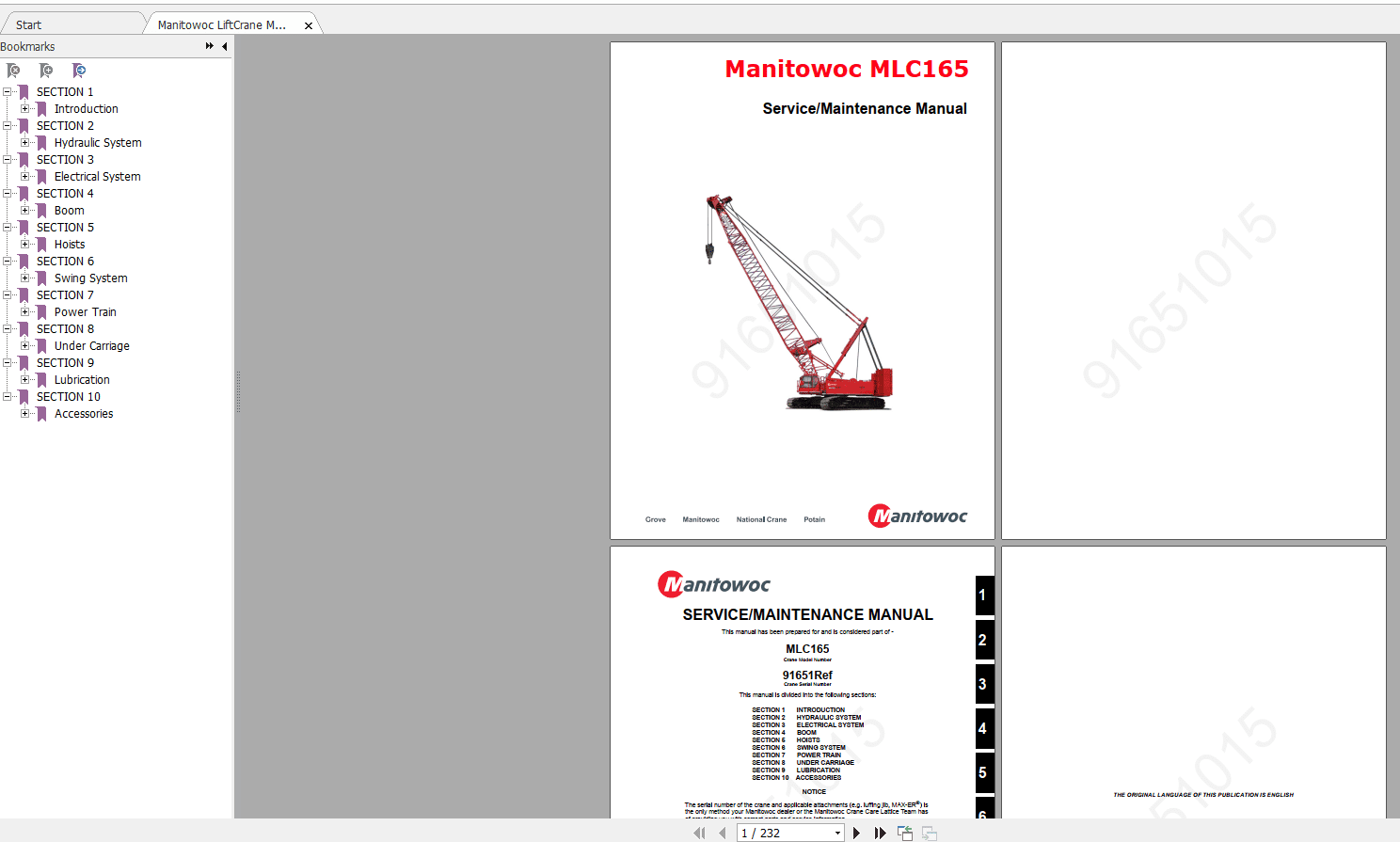 Manitowoc LiftCrane MLC165 91651015CTR222 06 Service Maintenance Manual