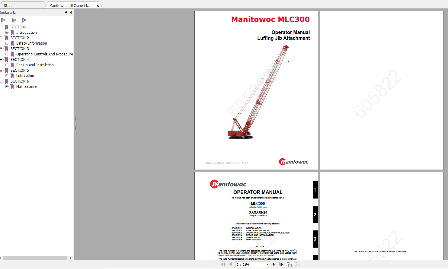 Manitowoc LiftCrane MLC300 LJ 605822CTR239 11 Operators Manual