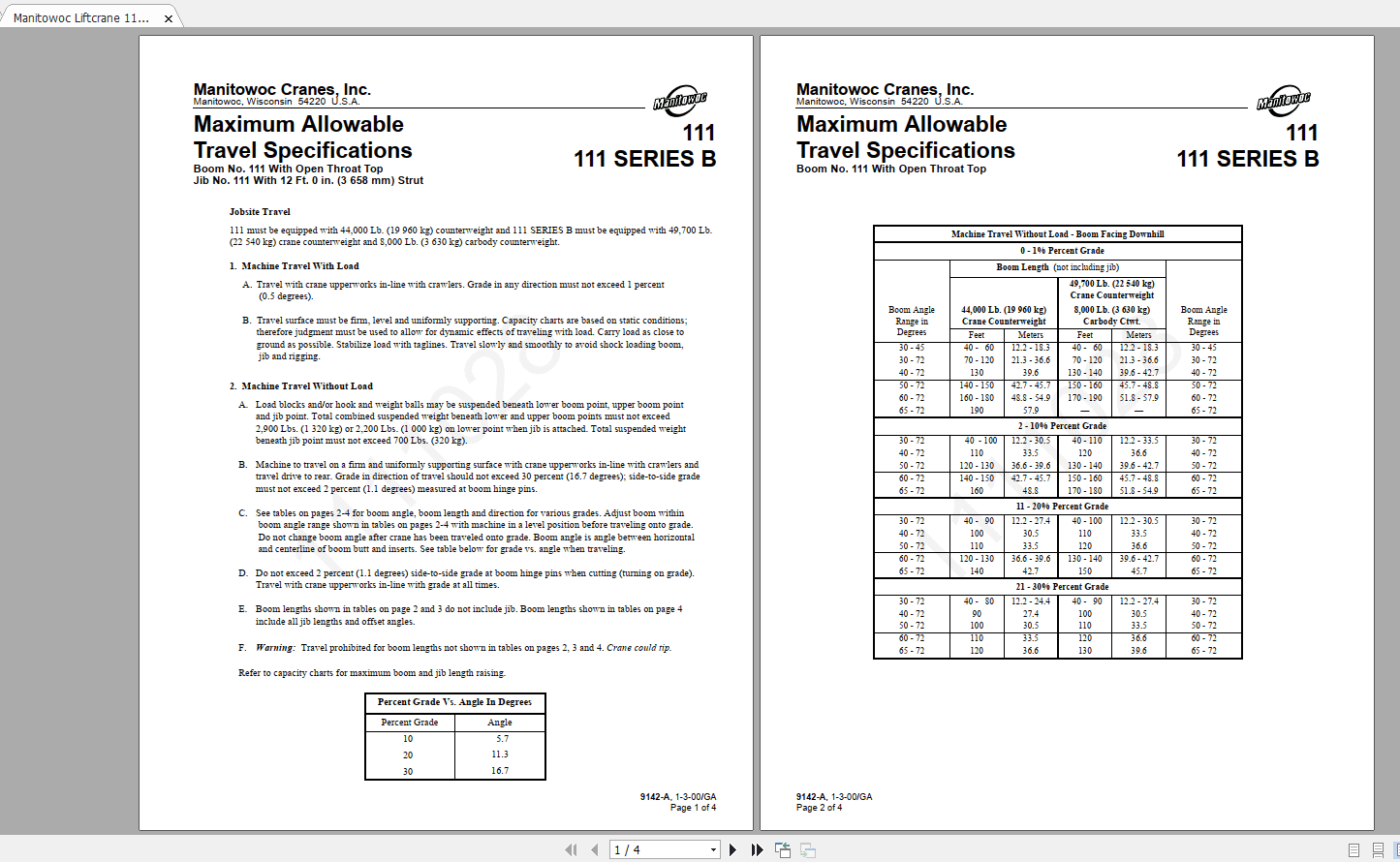 Manitowoc Liftcrane 111 Series B 9142A1 3 00 Chart Data