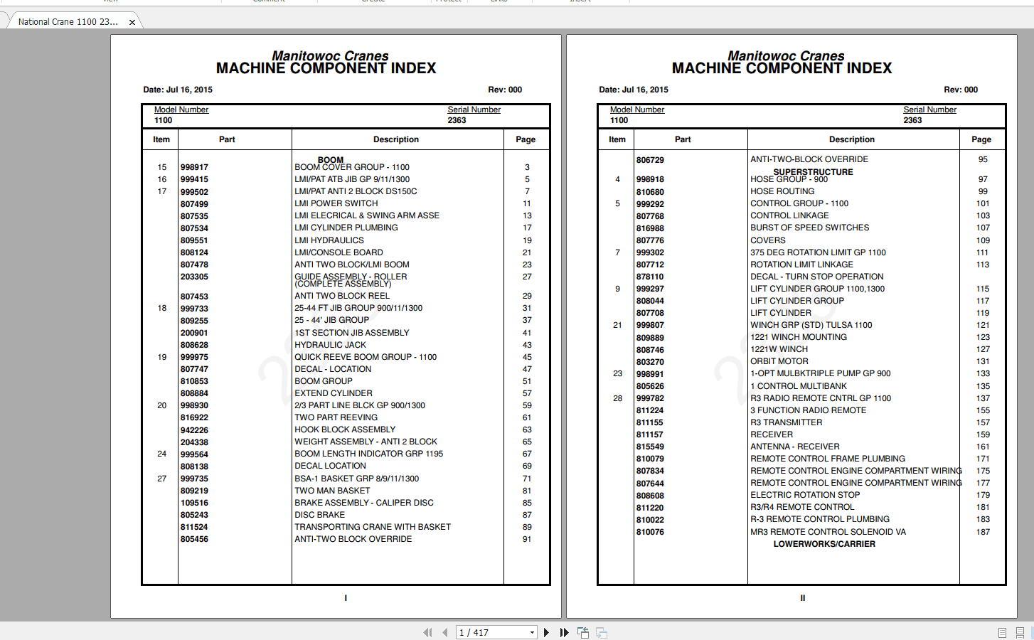 National Crane 1100 2363Rev000 Parts Manual