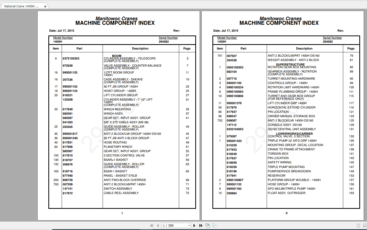 National Crane 1400H 294082 Parts Manual