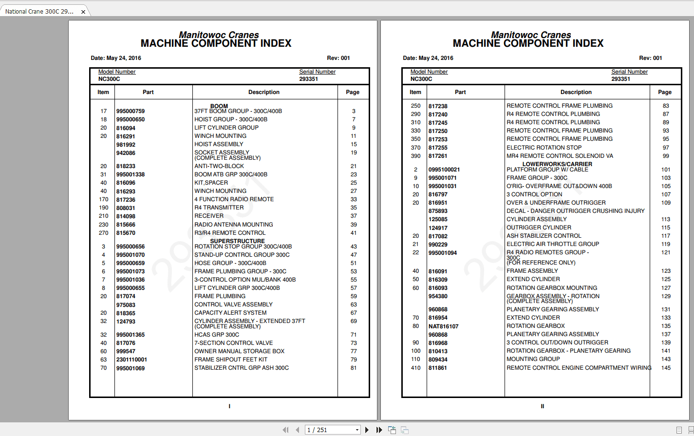 National Crane 300C 293351 Parts Manual 1