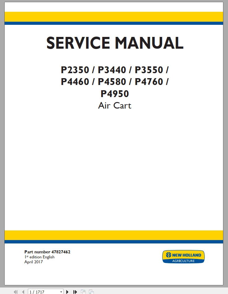 New Holland Air Cart P2350 P3440 P3550 P4460 P4580 P4760 P4950 Service Manual47827462 1