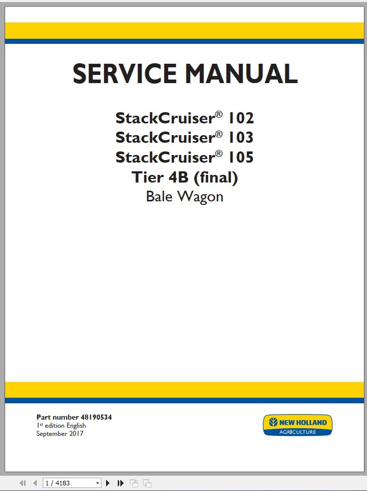 New Holland Bale Wagon StackCruiser 102 103 105 Tier 4B Service Manual48190534 1