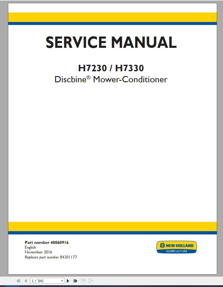 New Holland Discbine Mower Conditioner H7230 H7330 Service Manual48068916 1