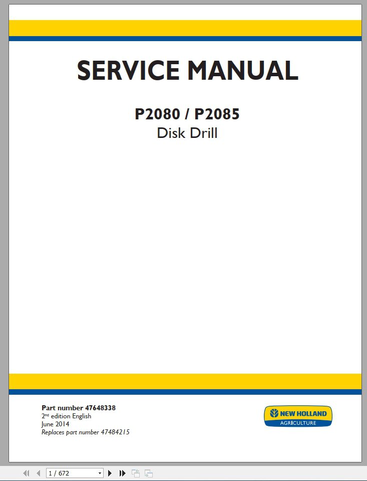 New Holland Disk Drill P2080 P2085 Service Manual47648338 1
