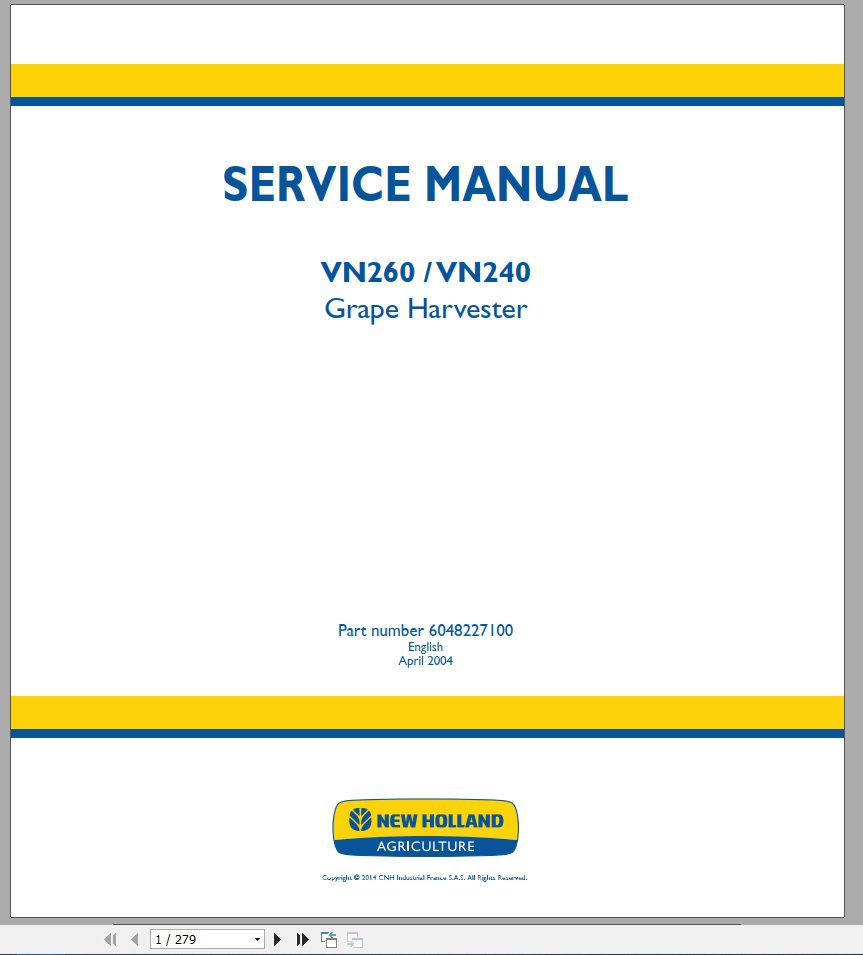 New Holland Grape Harvester VN240 VN260 Service Manual6048227100 1