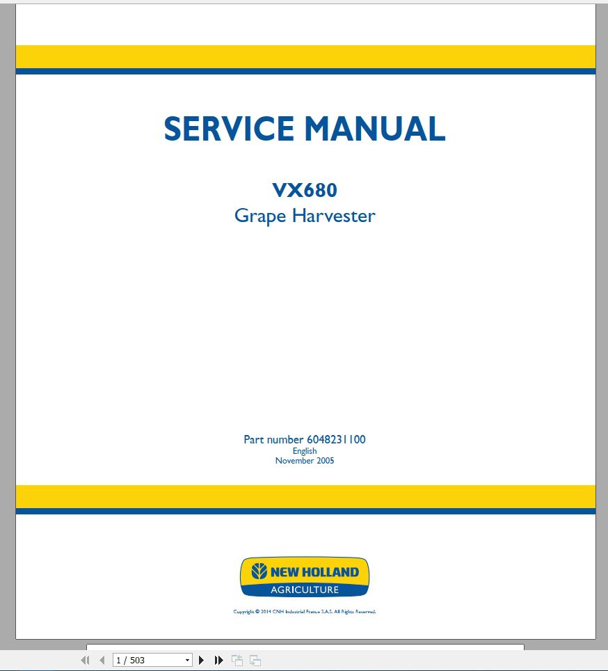 New Holland Grape Harvester VX680 Service Manual6048231100 1