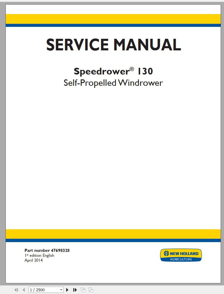 New Holland Self Propelled Windrower Speedrower 130 Service Manual47698328 1
