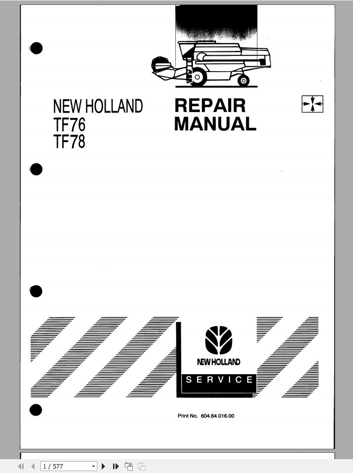 New Holland TF76 TF78 Combine Repair Manual6046401600 1