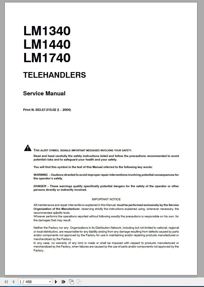 New Holland Telehandlers LM1340 LM1440 LM1740 Service Manual6036701002 1