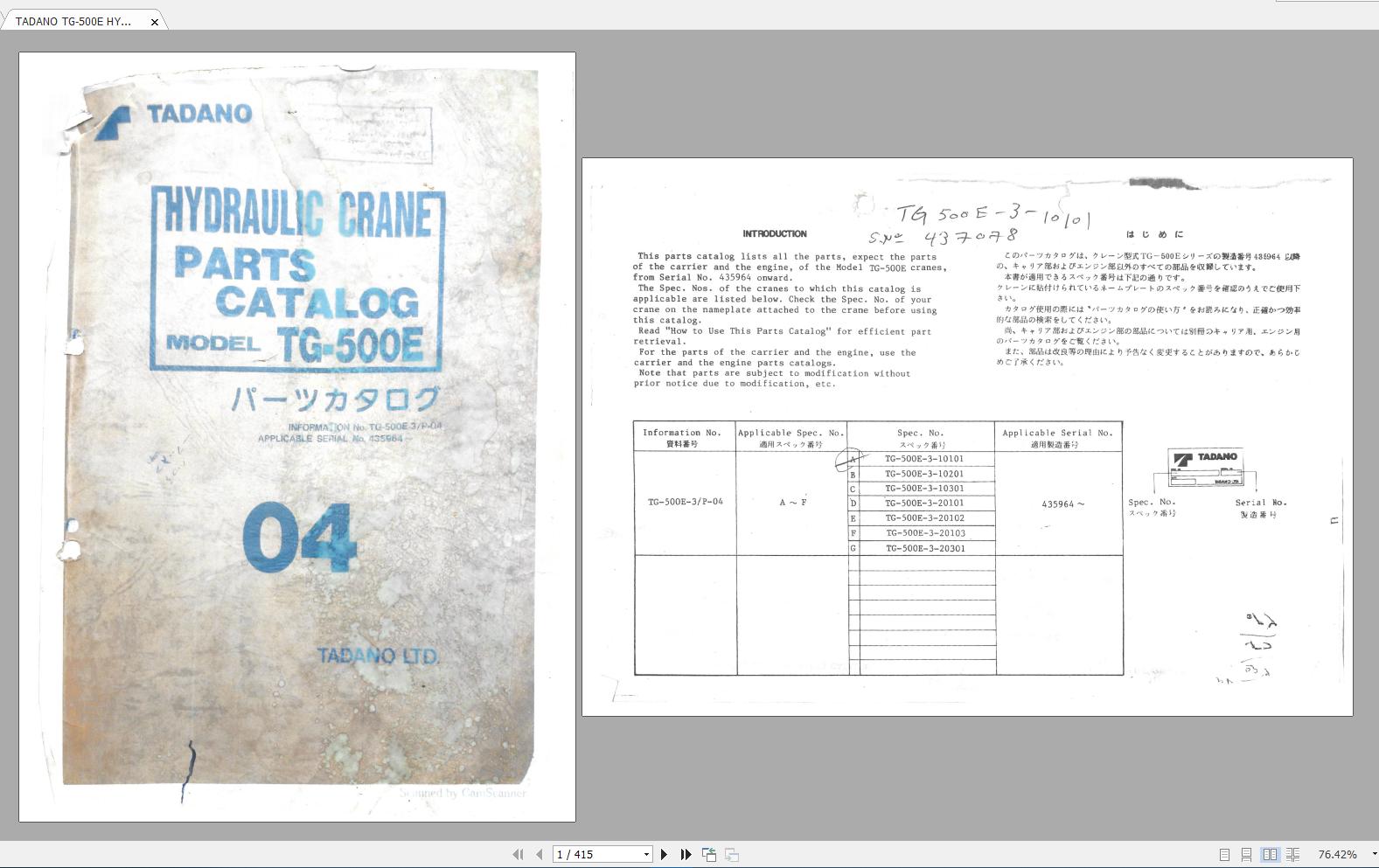TADANO TG 500E HYDRAULIC CRANE PARTS CATALOG
