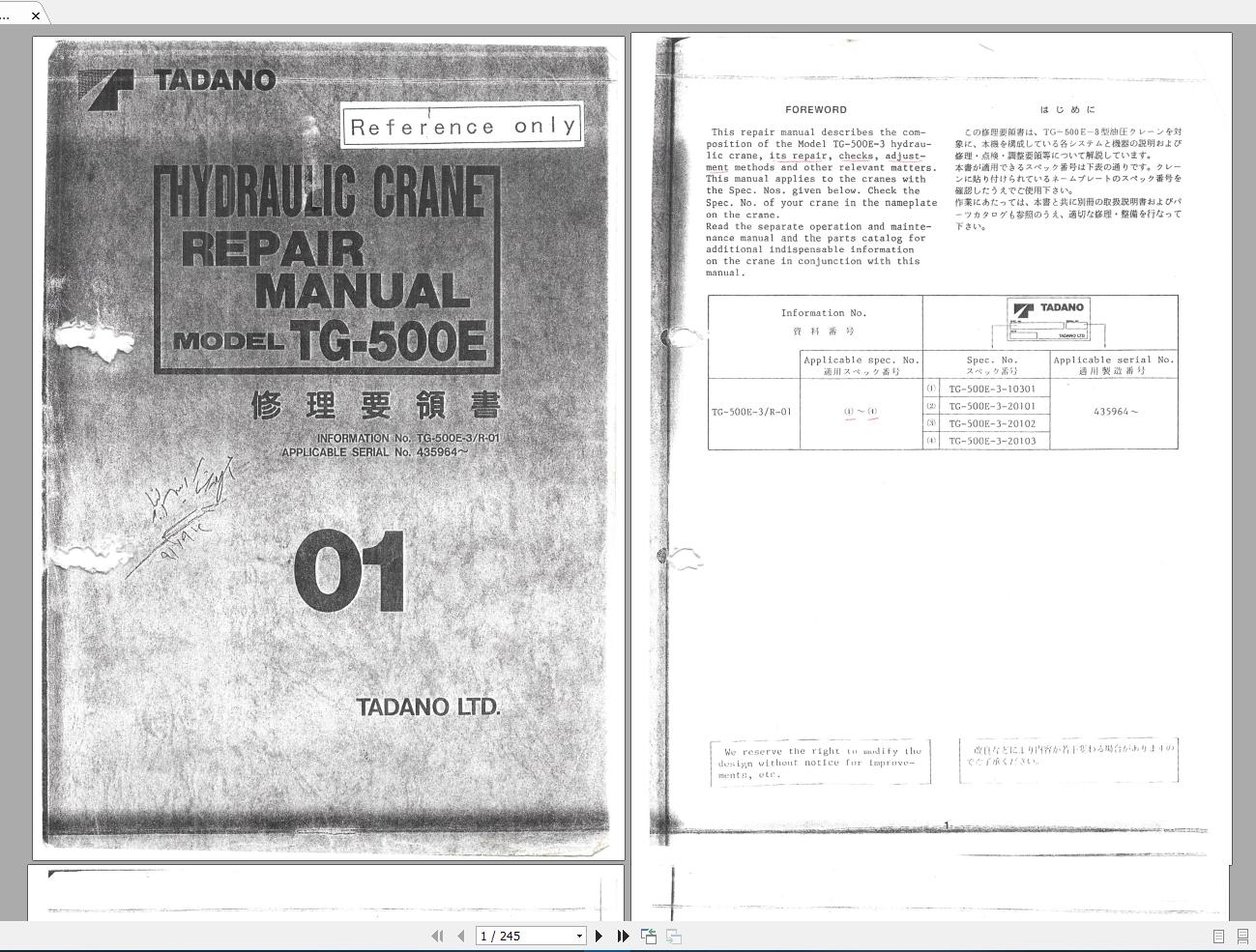 TADANO TG 500E HYDRAULIC CRANE REPAIR MANUAL