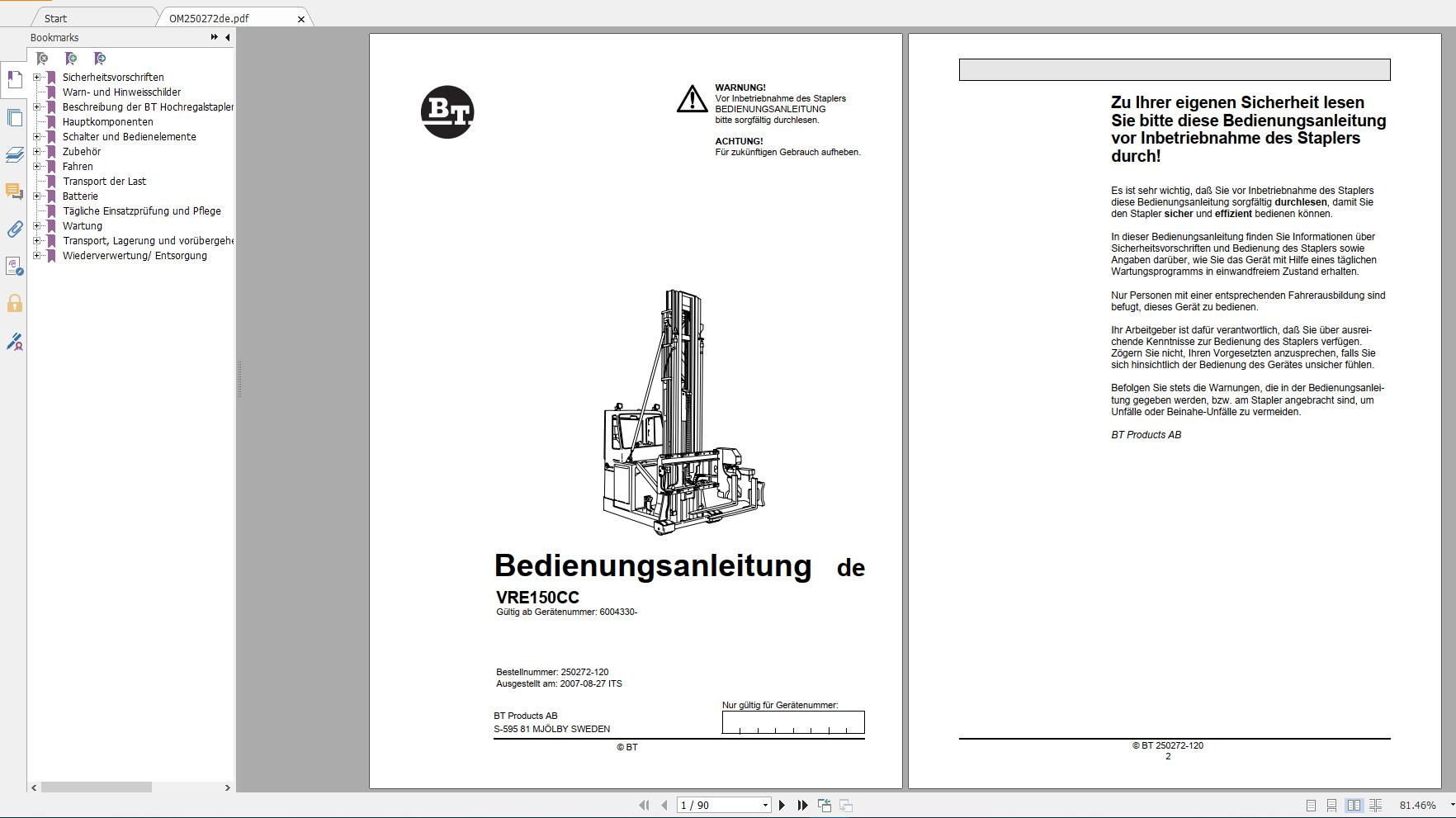 BT Forklift VRE150CC 488 Service Part ManualGerman2