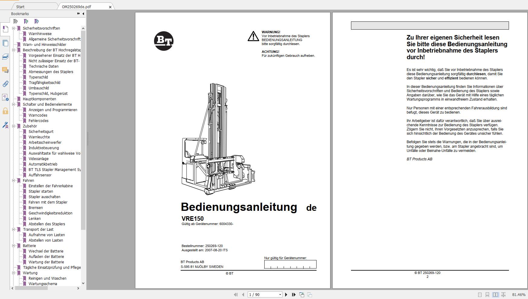 BT Forklift VRE150 487 Service Part ManualGerman2