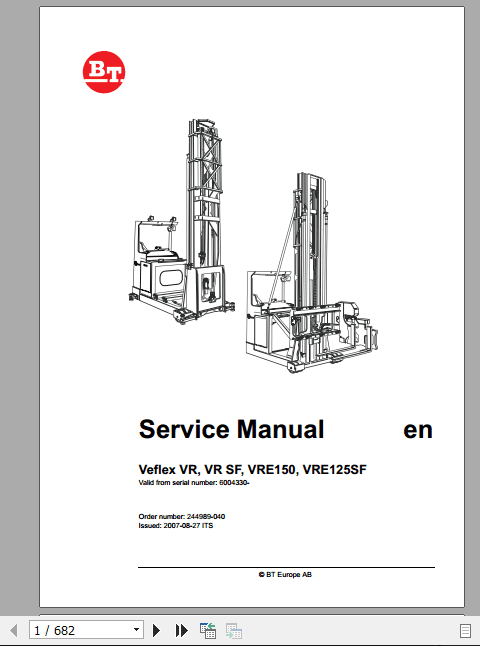 BT Forklift VRE 150 VRE150CC Service ManualEN 1