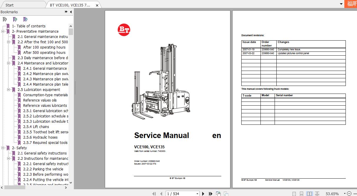 BT VCE100 VCE135 745300 Service Manual 2007 1
