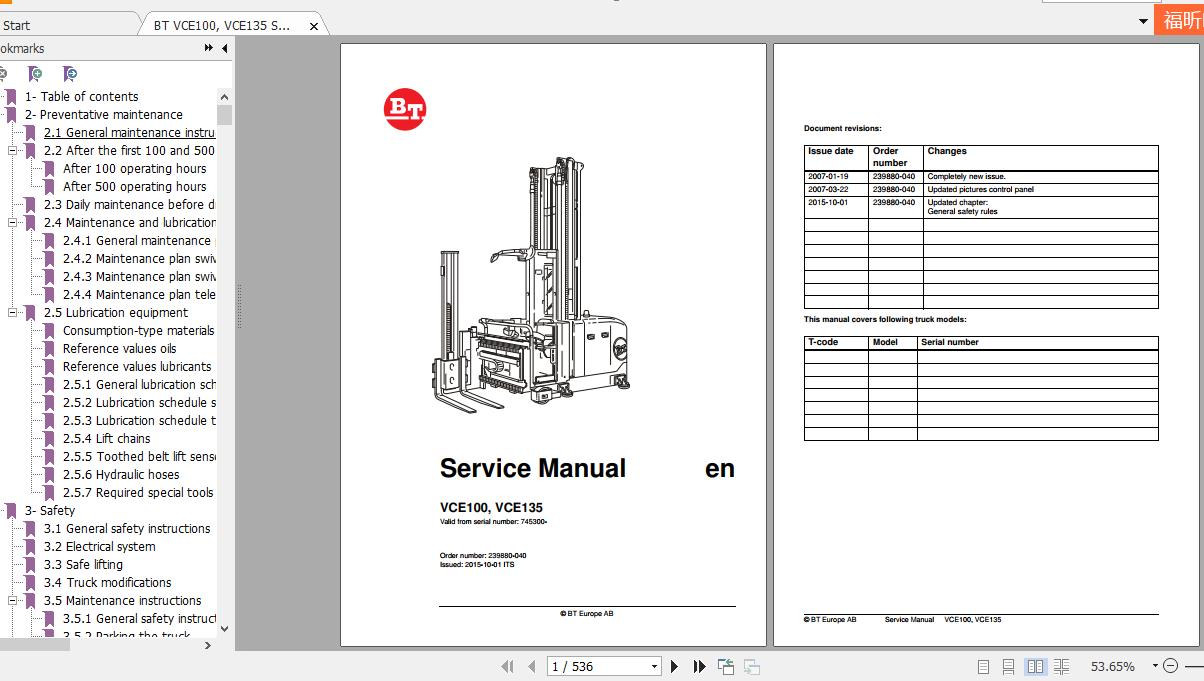 BT VCE100 VCE135 Serial No239880 040 Service Manual 2015 1