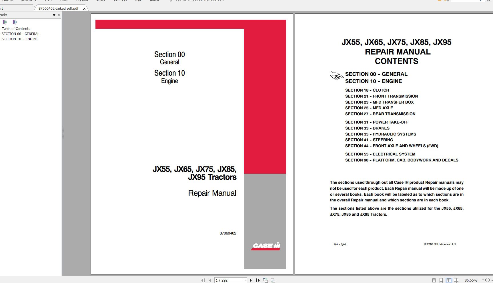 CASE IH JX55 JX65 JX75 JX85 JX95 Tractors Repair Manual 1