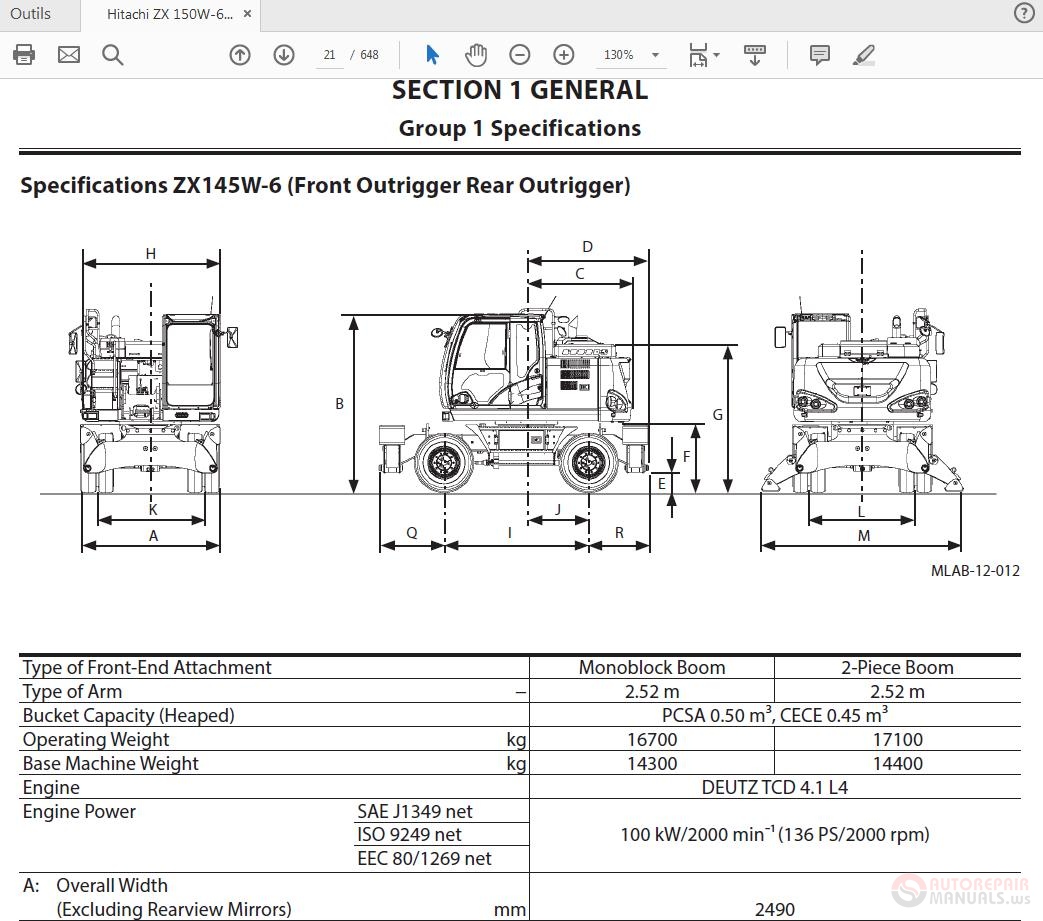 Hitachi ZX 150W 6 Wheeled Excavator TOLAC50 EN 00 Technical Manual 2