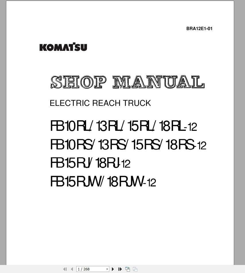 Komatsu Electric ReachTruck FB10RL13RL15RL18RLRSRJRJW Shop ManualBRA12E1 01 1