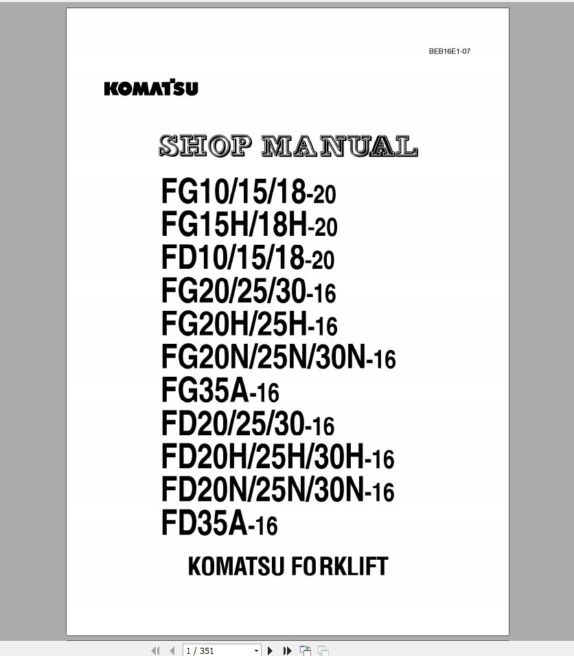Komatsu Forklift FG101518FD35A Shop ManualBEB16E1 07 1