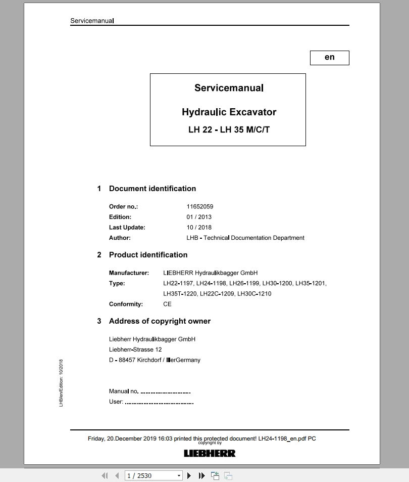 Libherr Hydraulic Excavator LH22 LH35 MCT Service ManualLH24 1198 1