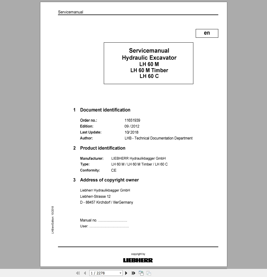 Libherr Hydraulic Excavator LH60M Timber Service ManualLH60M 1