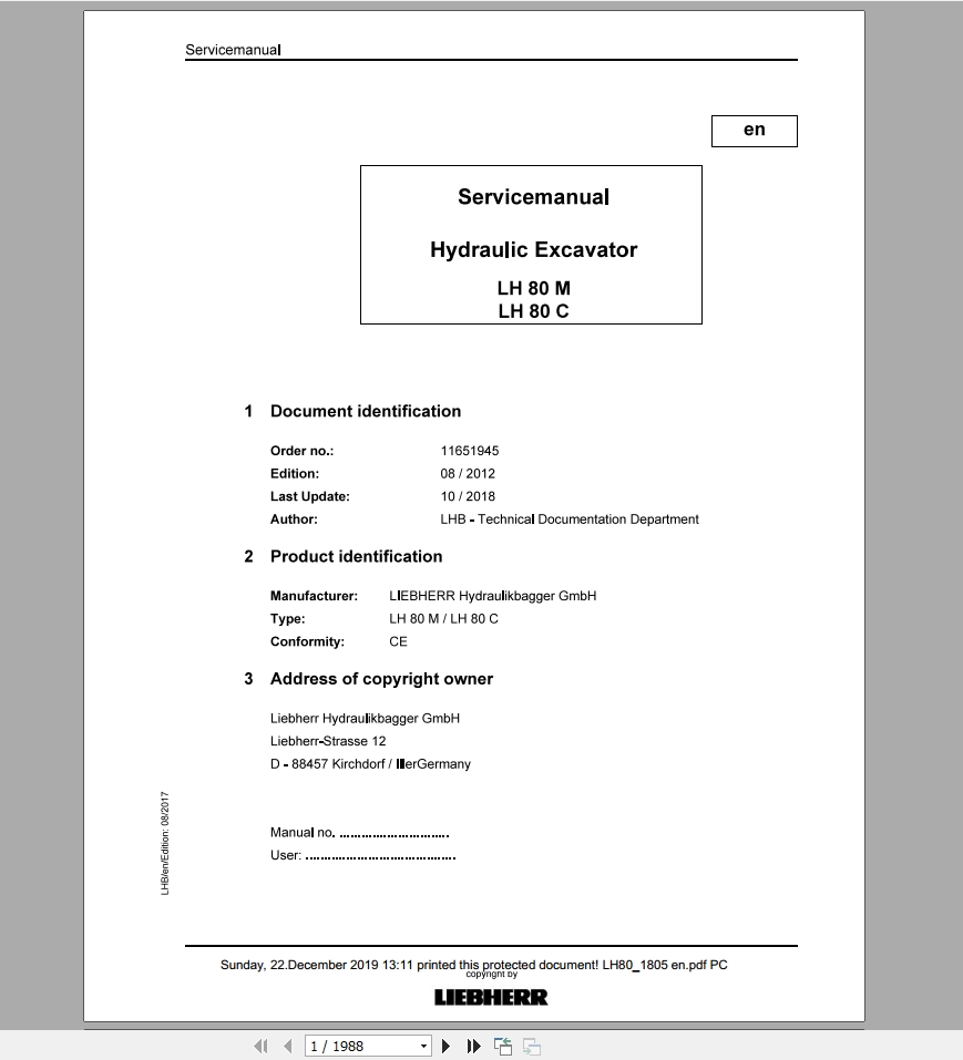 Libherr Hydraulic Excavator LH80M C Service ManualLH801805 1