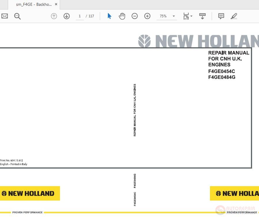 New Holland LB90B LB115B Engines F4GE0454C F4GE0484G 60413612 Repair Manual 1