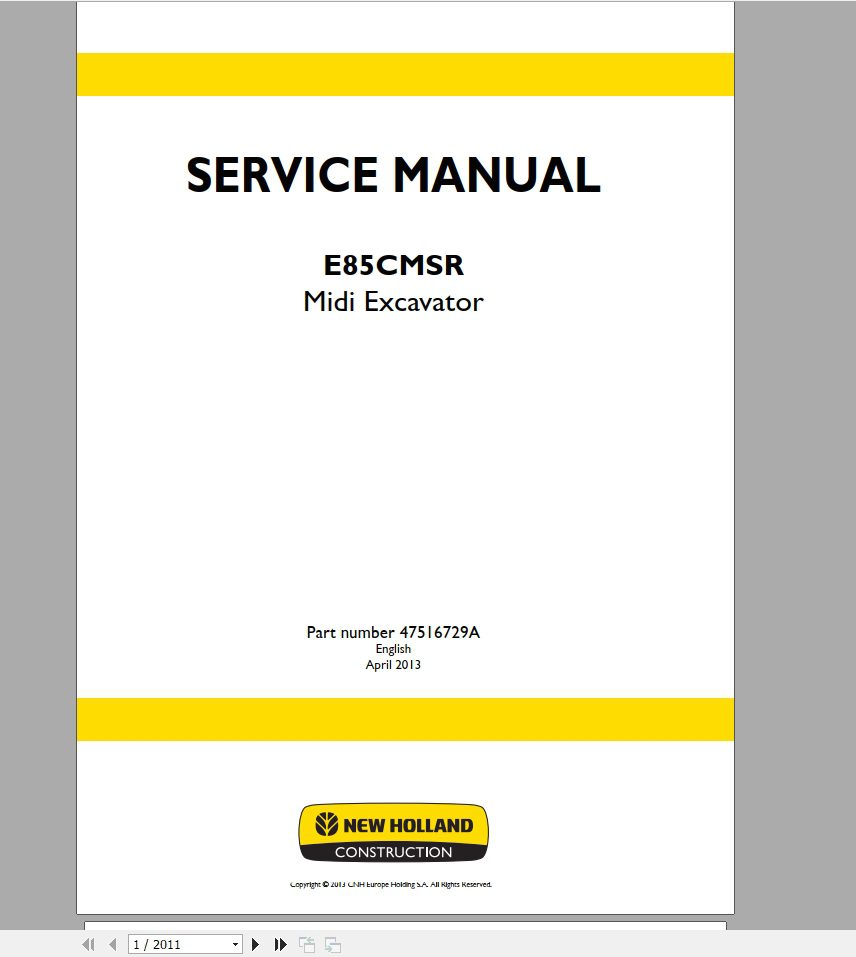 New Holland Midi Excavator E85CMSR Service Manual47516729A 1