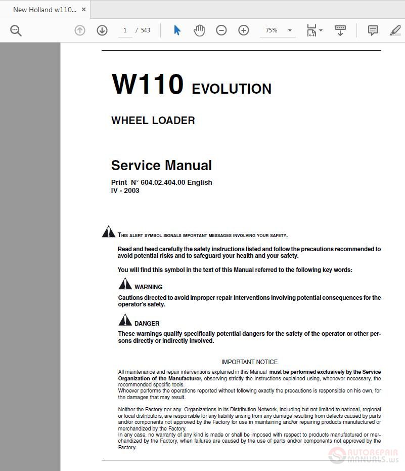 New Holland W110 Evolution Wheel Loader Service Manual 1