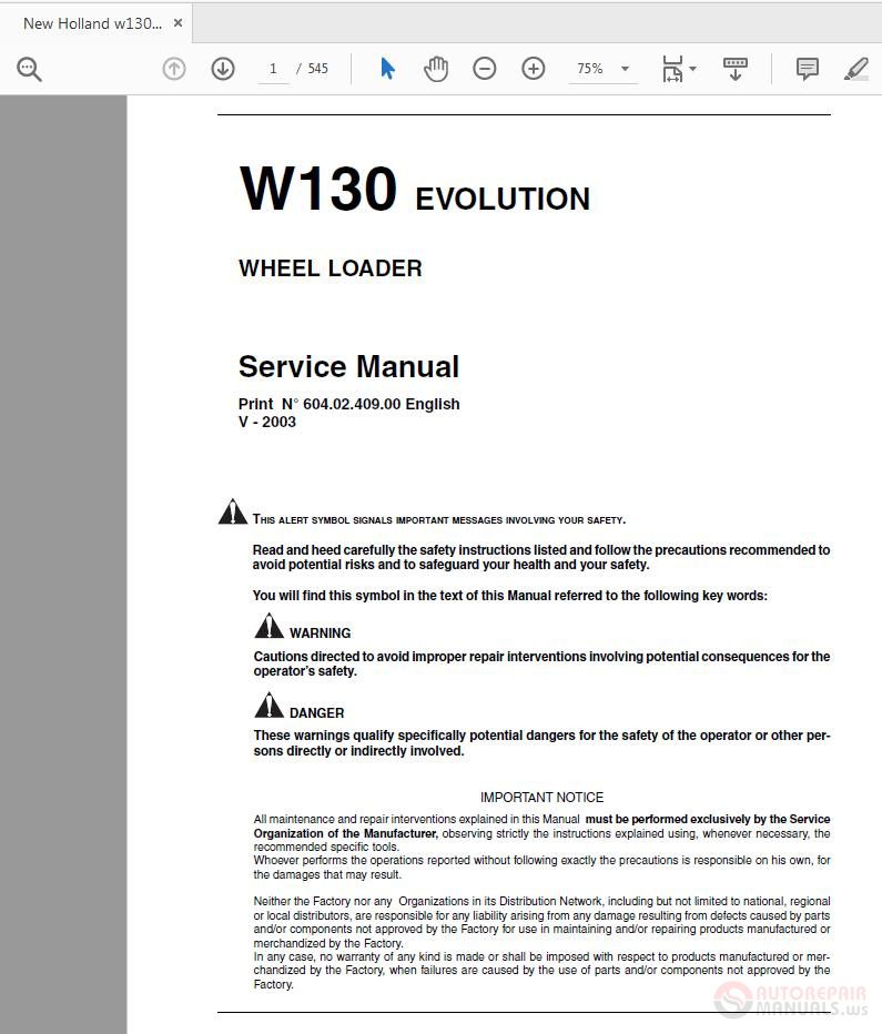 New Holland W130 Evolution Wheel Loader Service Manual 1