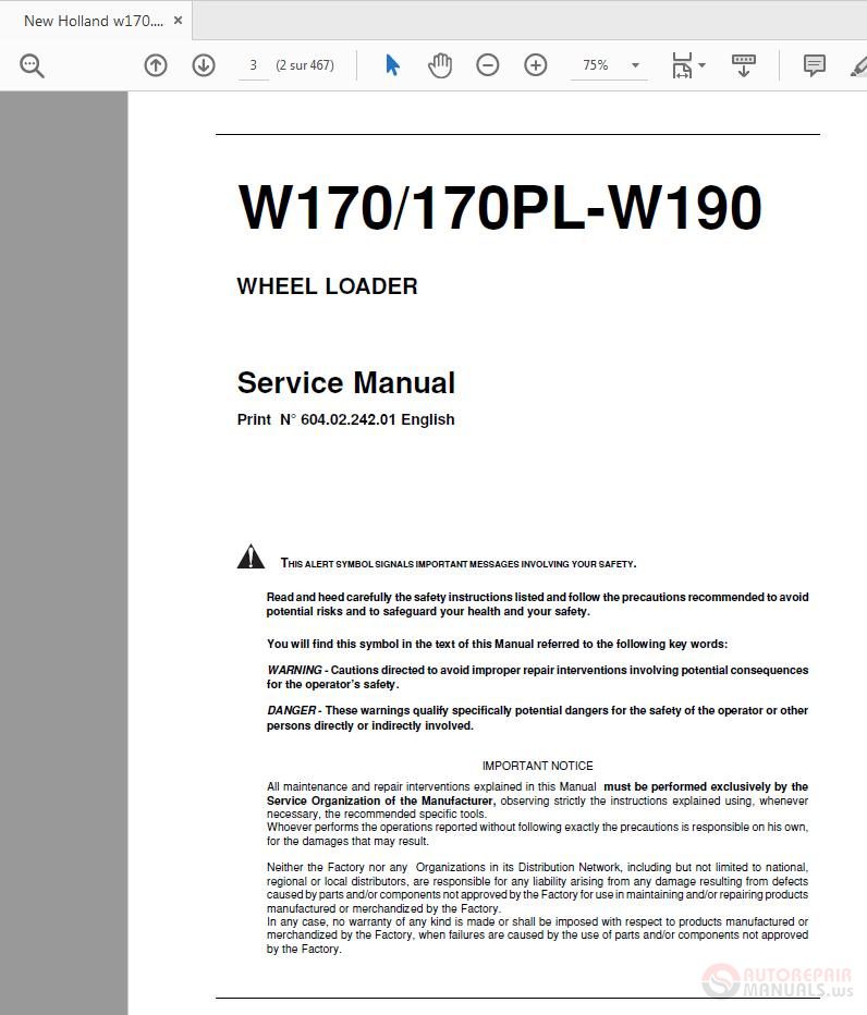New Holland W170170PL W190 Wheel Loader Service Manual 1