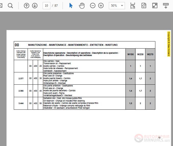 New Holland W270 Rate Time Manual 3