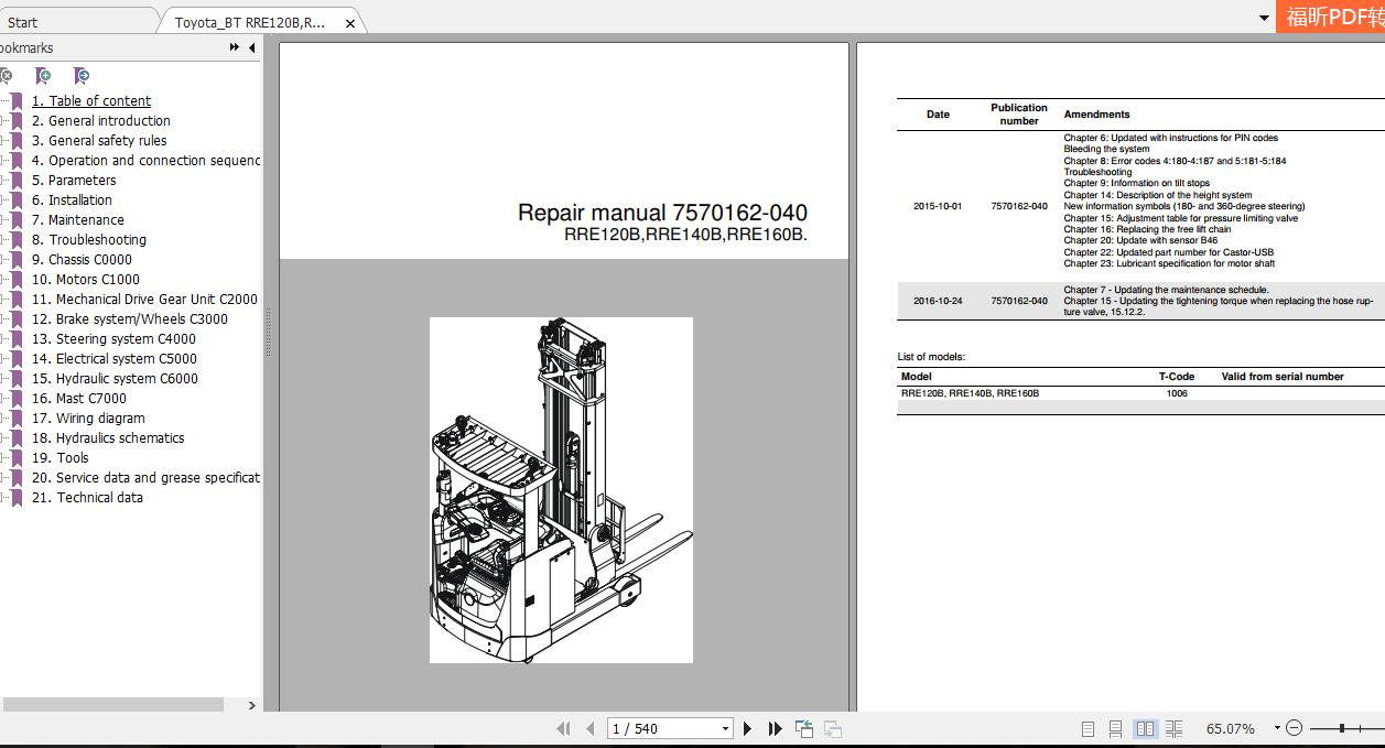 ToyotaBT RRE120BRRE140BRRE160B 7570162 040 Repair Manual 1