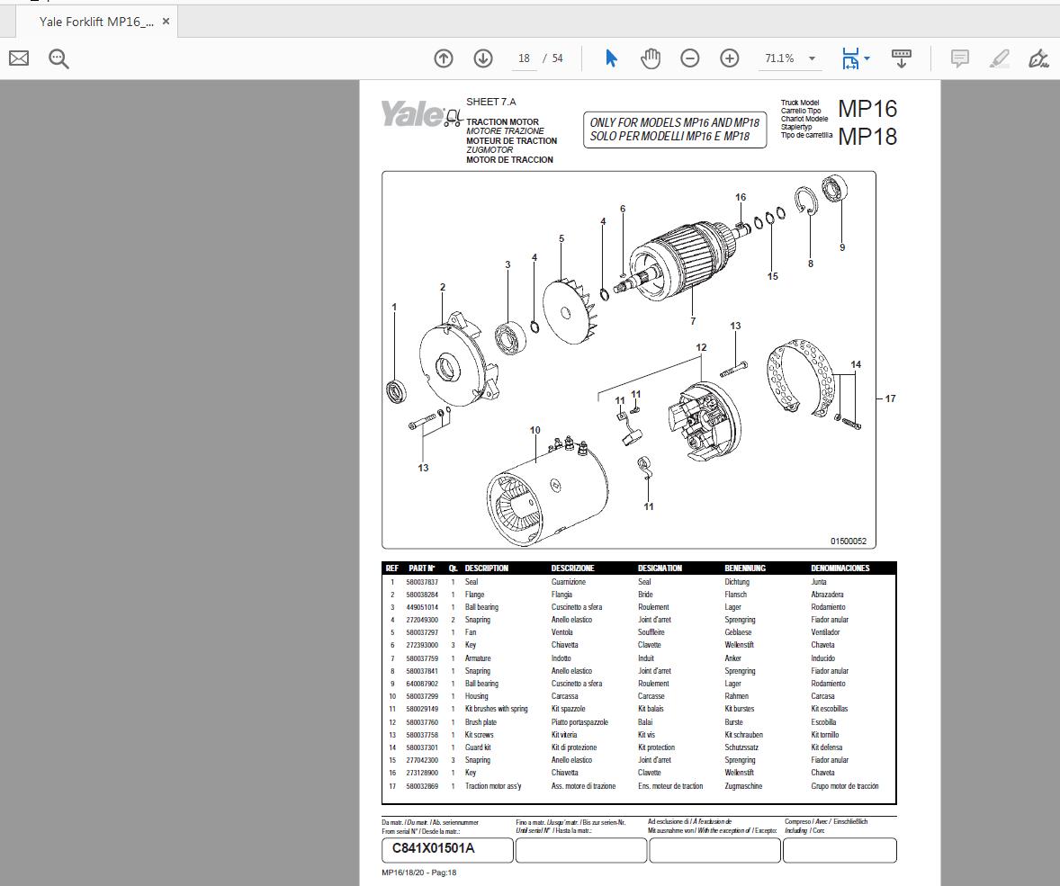 Yale Forklift MP16MP18MP20 5241171926 Parts Manual09 2006 2
