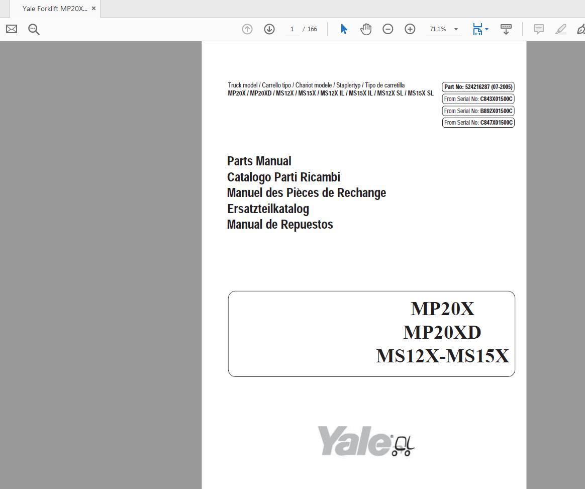 Yale Forklift MP20XMP20XDMS12XMS15X 524216287 Parts Manual07 2005 1