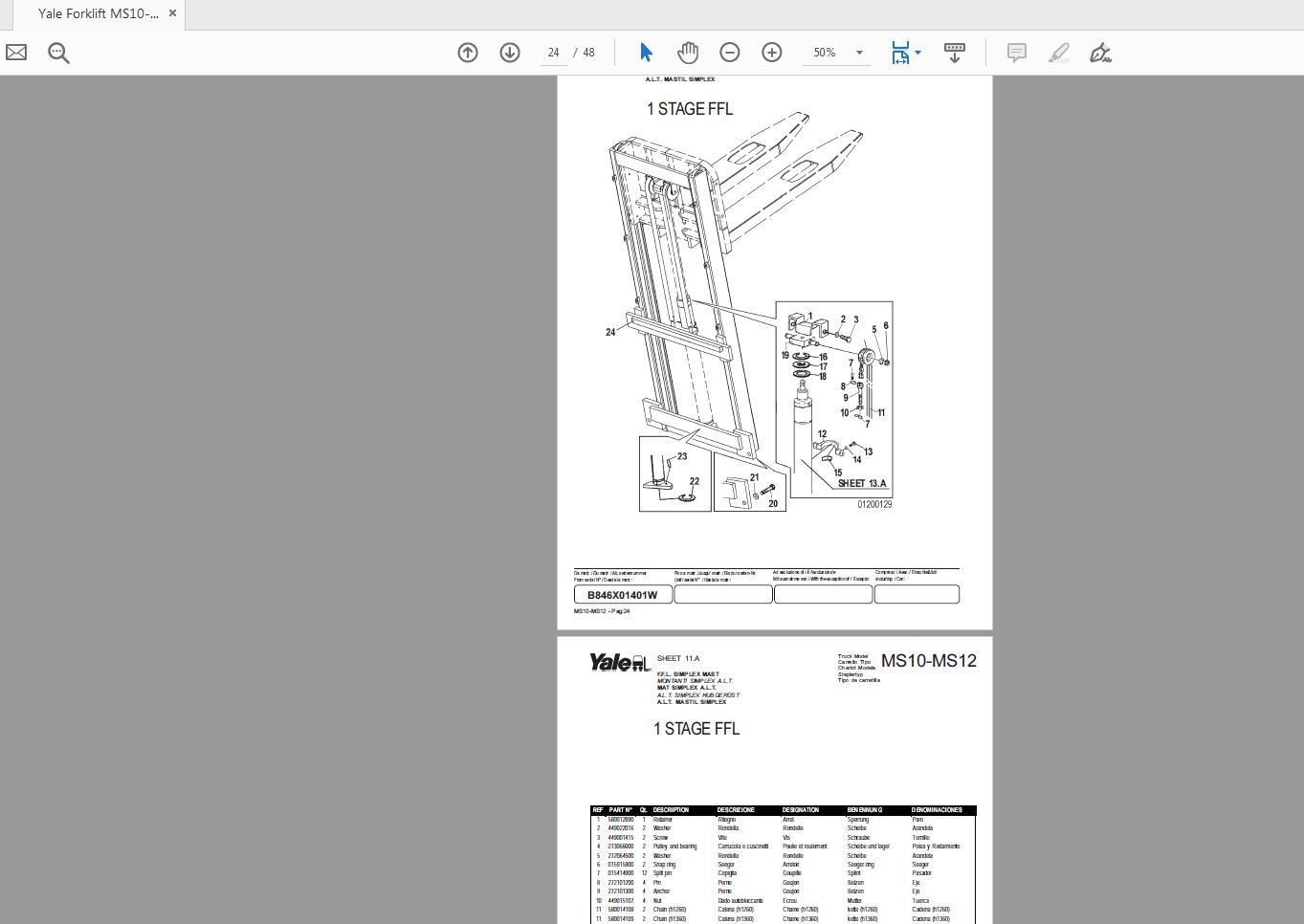 Yale Forklift MS10 MS12 B846 272354300 Parts Manual121999 3