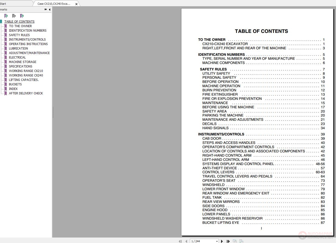 Case CX210CX240 Excavator Operators Manual 1