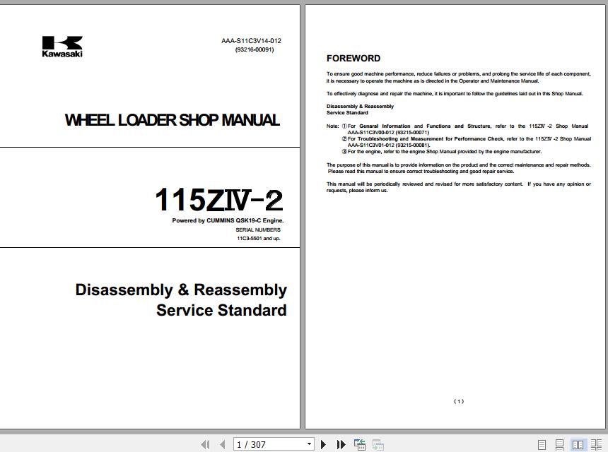 Kawasaki Wheel Loader 115ZIV 2 Part Catalog Shop ManualsEN 1