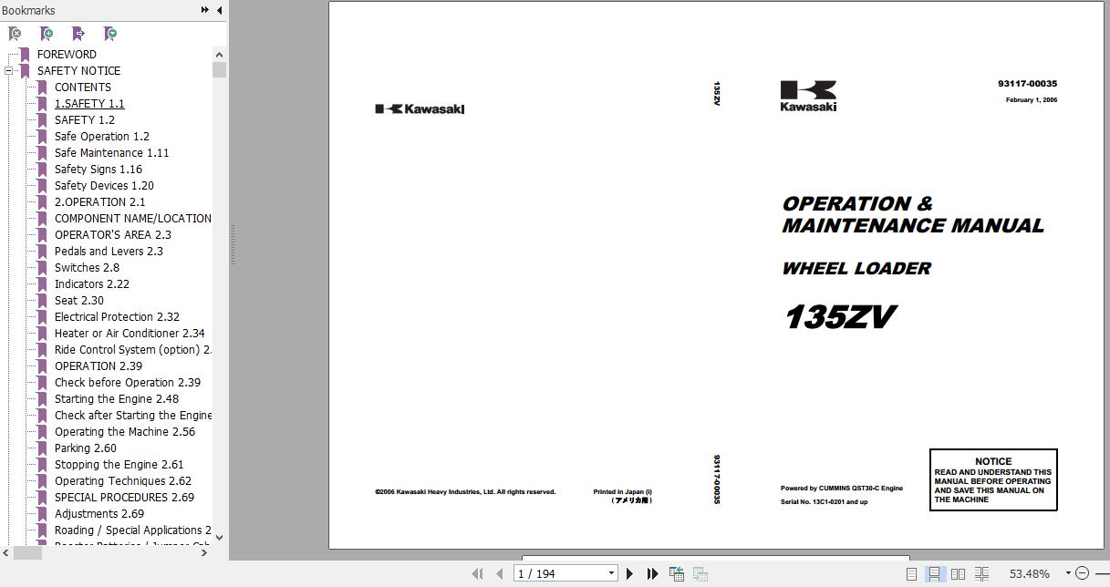 Kawasaki Wheel Loader 135ZV Full ManualsEN 1