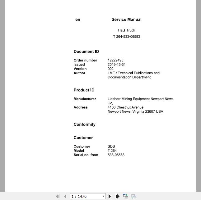 Liebherr Mining Haul Truck T20264 533 06583 Service ManualsEN 1