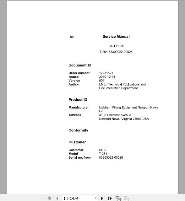 Liebherr Mining Haul Truck T264 53300022 00026 Service ManualsEN 1