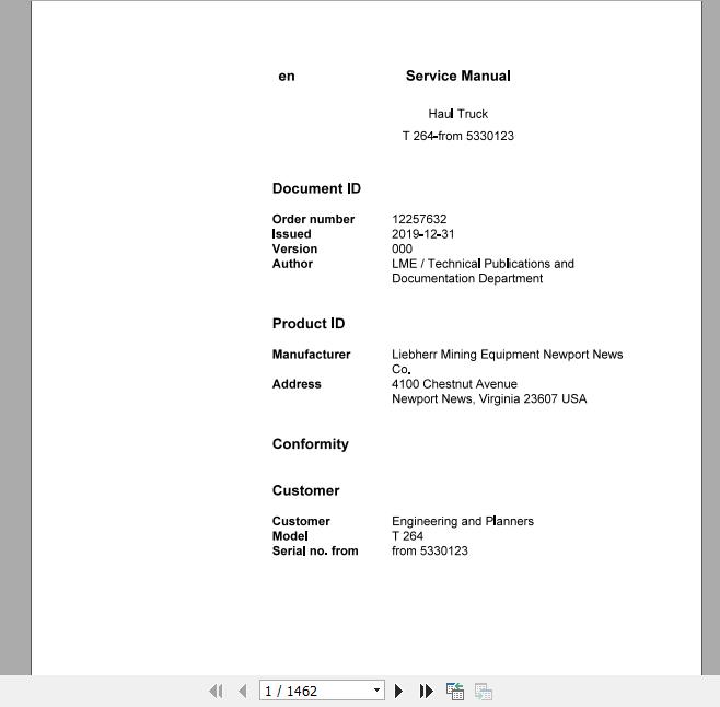 Liebherr Mining Haul Truck T264 5330123 Service ManualsEN 1